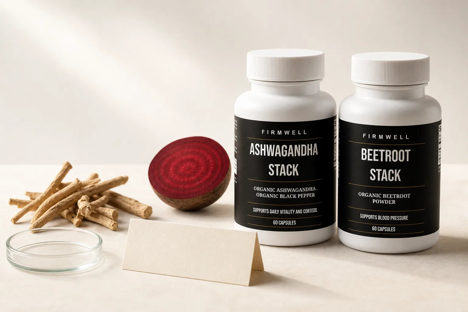 Firmwell Ashwagandha and Beetroot products with ingredient details