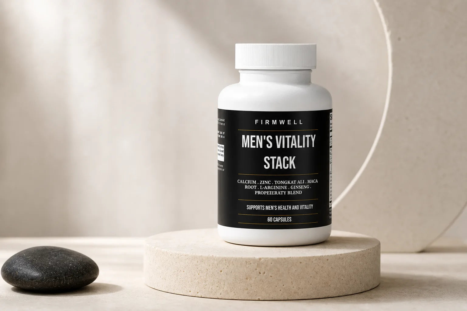 Firmwell Men's Vitality Stack on a warm limestone plinth