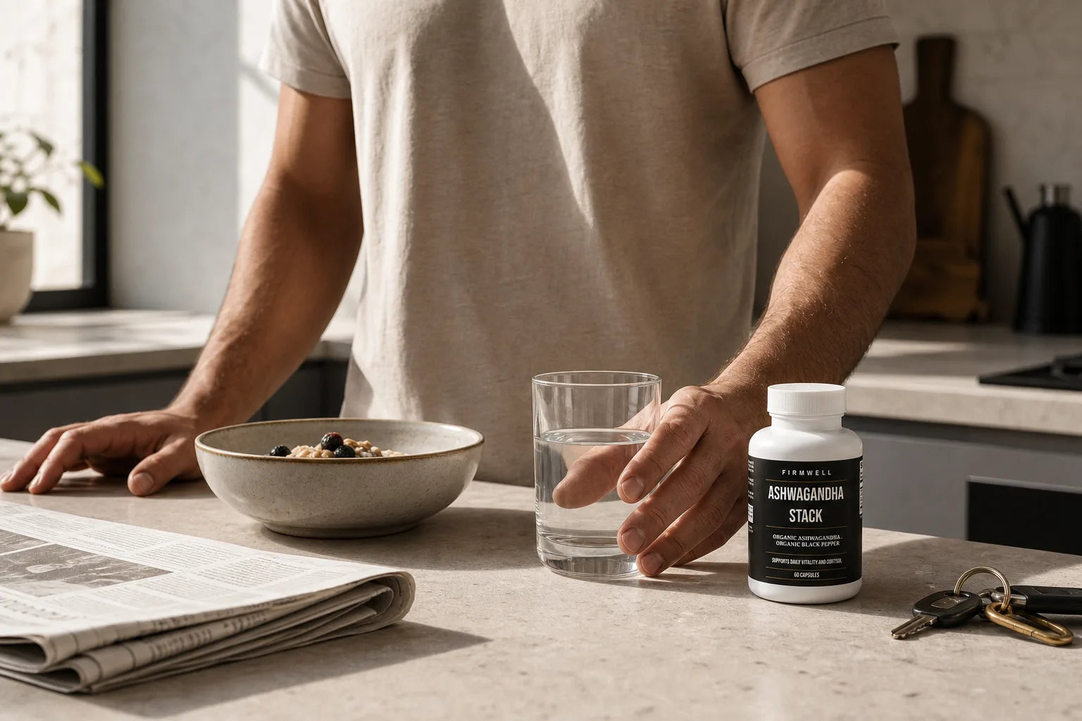 A simple morning routine with Firmwell Ashwagandha Stack and water