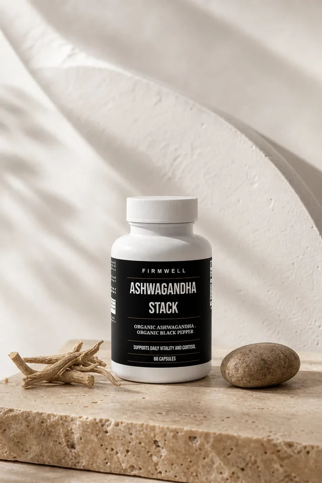 Firmwell Ashwagandha Stack with roots and a smooth stone