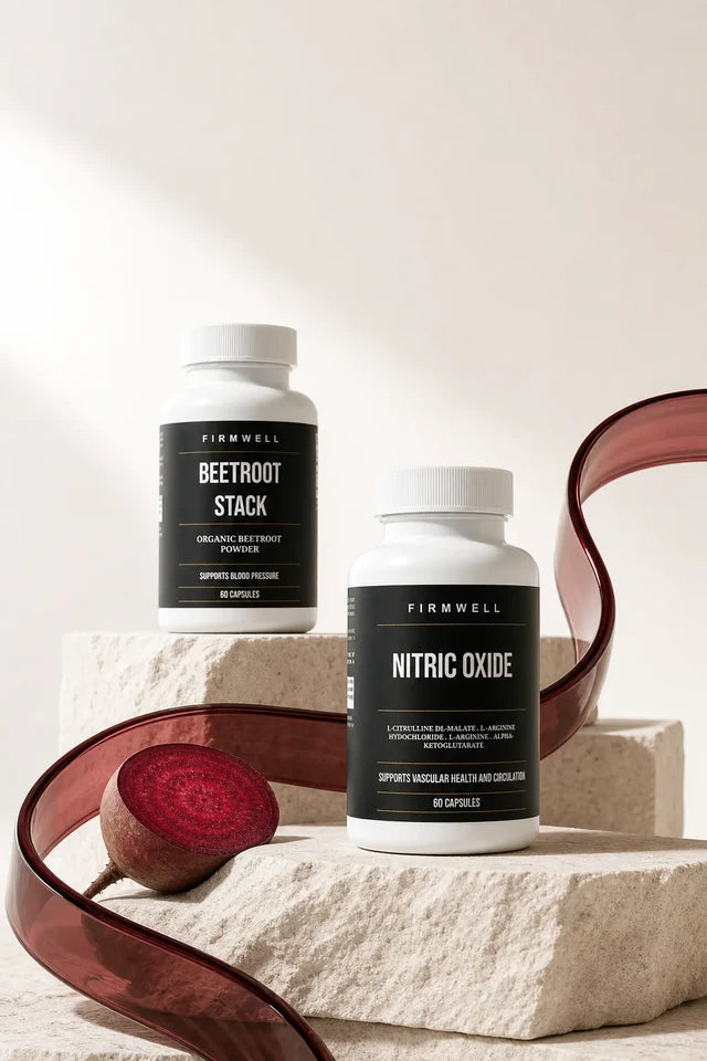 Firmwell Beetroot Stack and Nitric Oxide on stone plinths