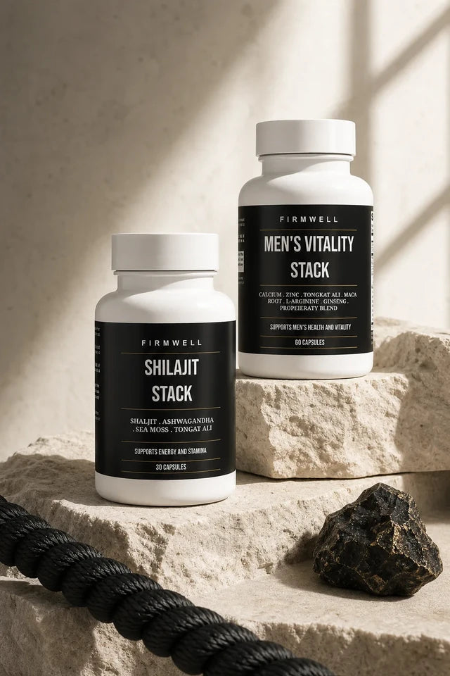 Firmwell Shilajit Stack and Men's Vitality Stack on stone plinths